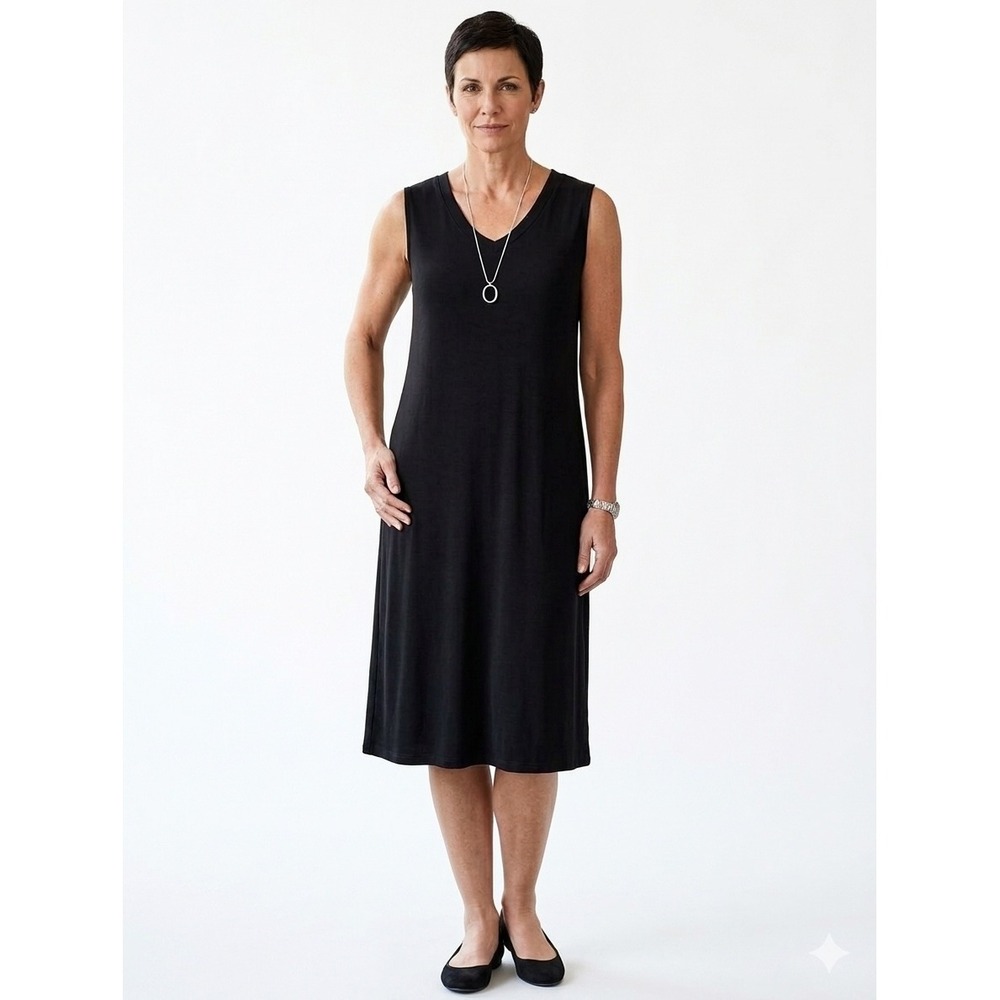 Chicos Travelers Vintage Black Midi Dress V-Neck Sleeveless Packable Size 3 XL